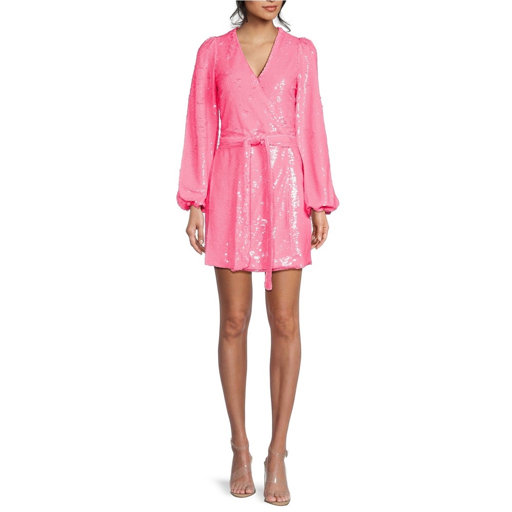 NWT ABTFL-Life Alaina V-Neck Long Sleeve Wrap Sequin Neon Pink Dress S